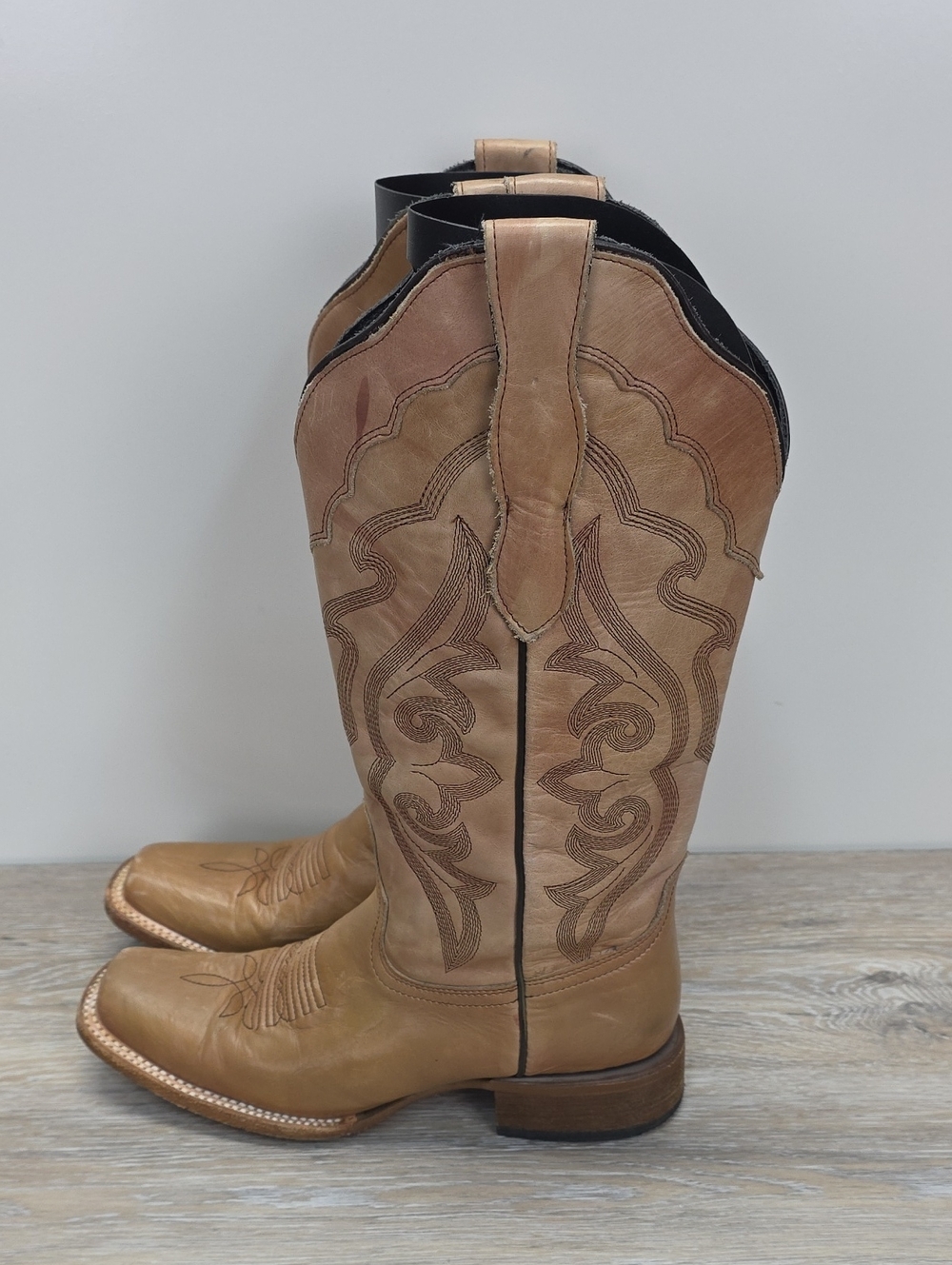 JB DILLON Tan Leather Square Toe Western Cowboy Boots Scalloped Inlay Size 8B